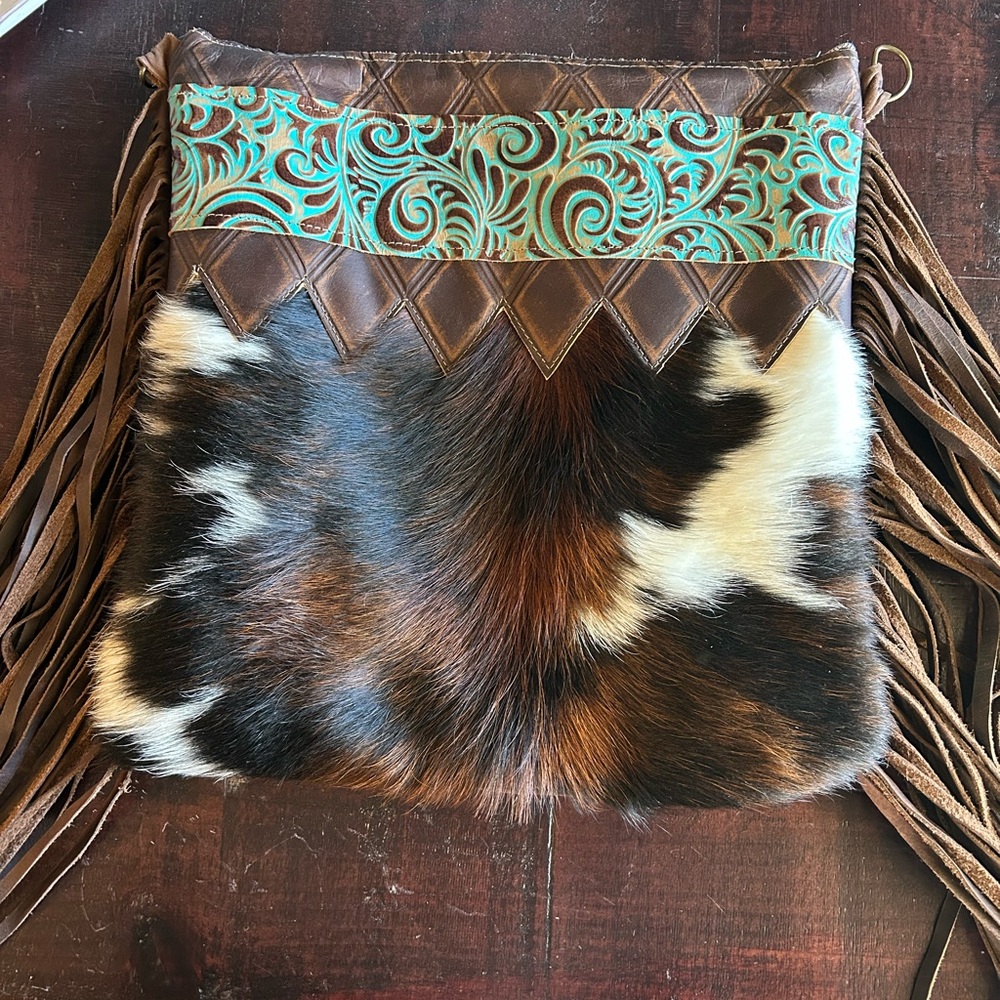 Tricolor Cowhide Leather Bag with Turquoise and Brown Accents